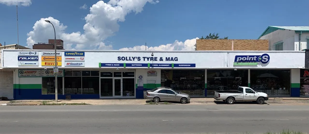 The Solly’s Tyres & Mags storefront in Klerksdorp, with Point S signage and tyre brand boards
